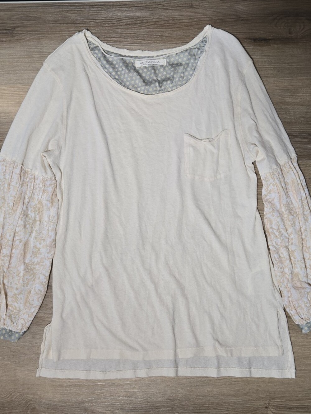 We The Free Cream Scoop Neck Pullover with Printed Puff Sleeves